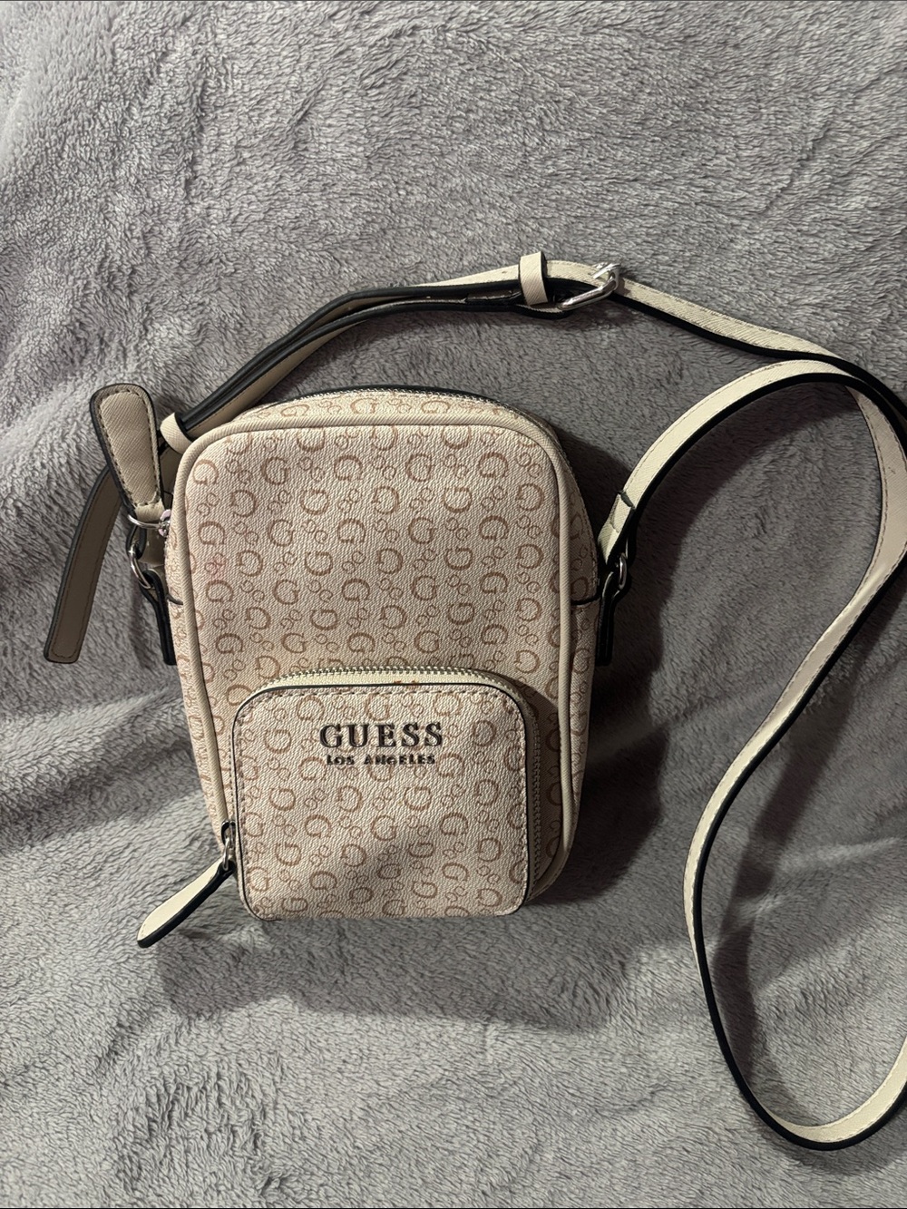 GUESS Beige Logo-Print Mini Crossbody with Black-Trim Strap